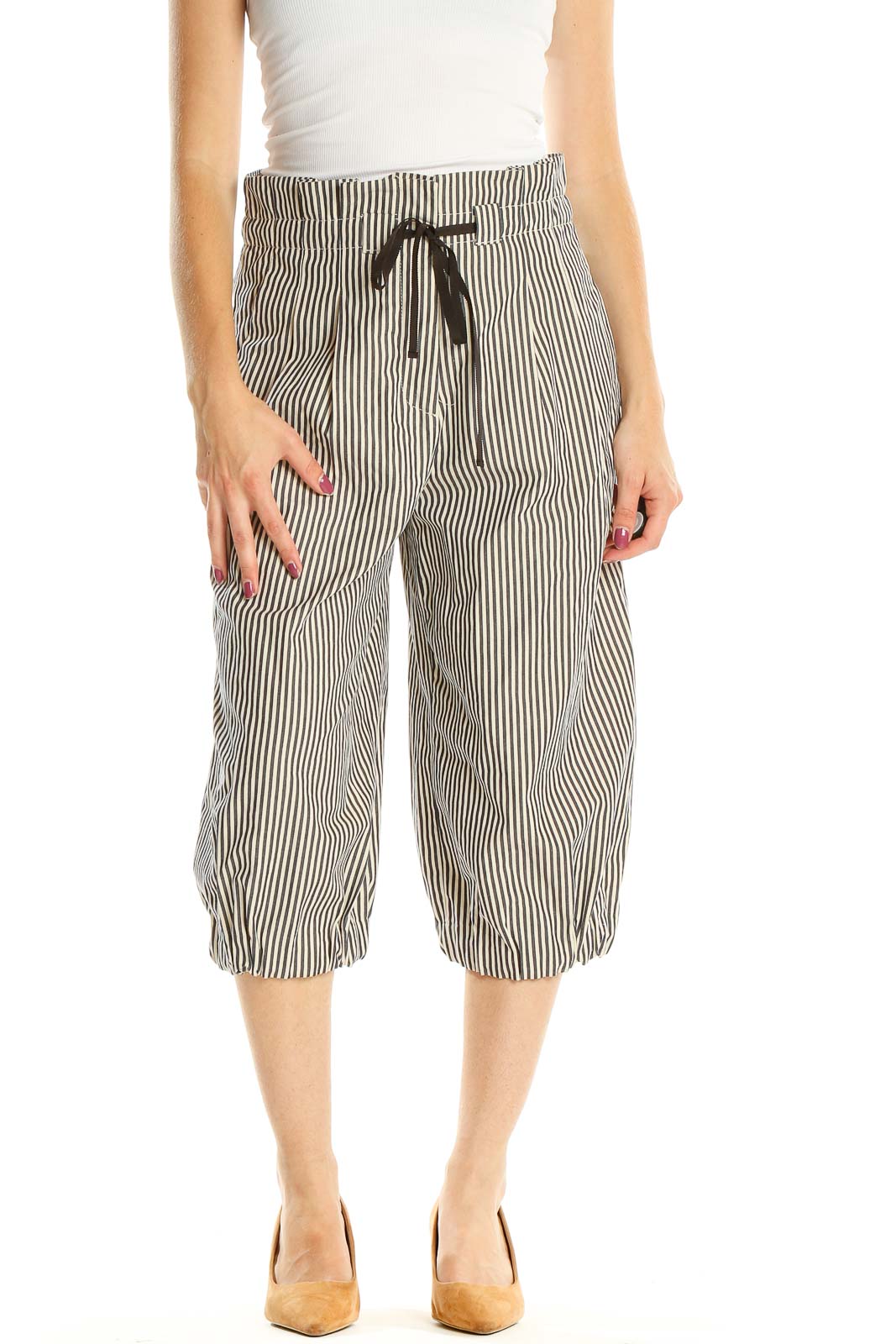 Beige Black Striped Cropped Pants Front