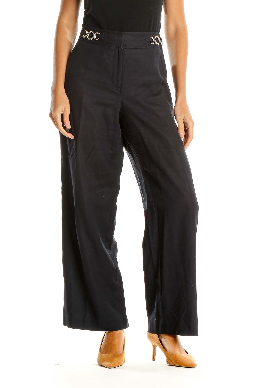 Black Classic Trousers with Chain Detail Front