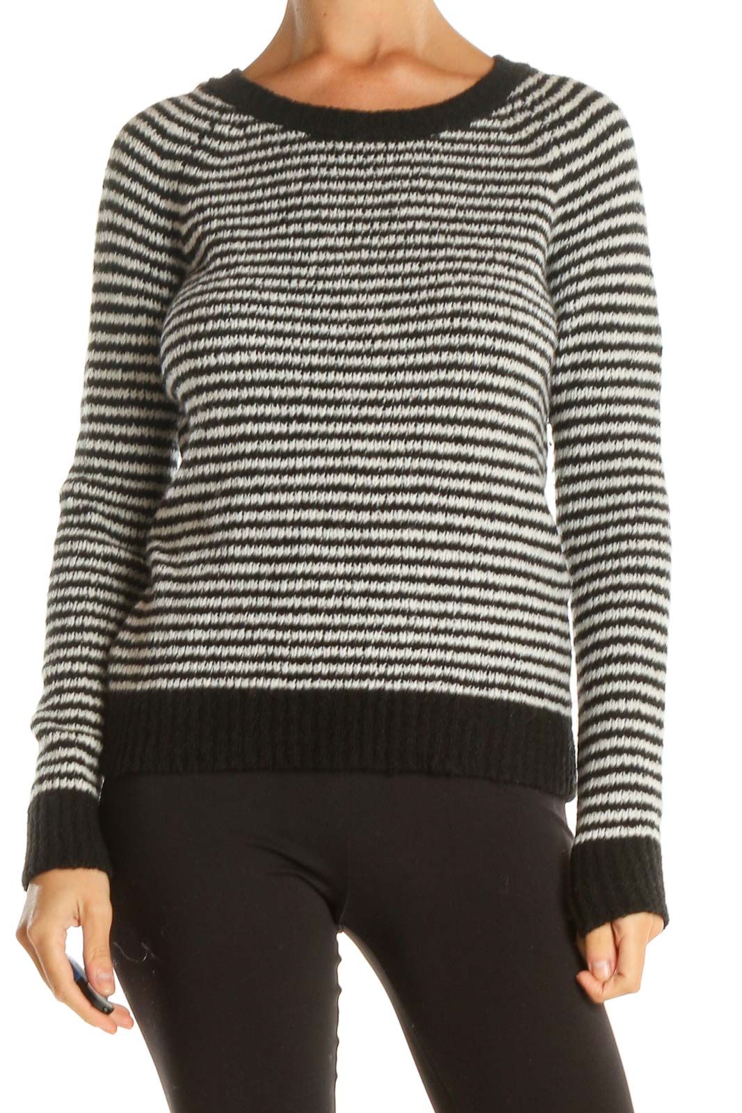 Black White Striped Casual Sweater Front
