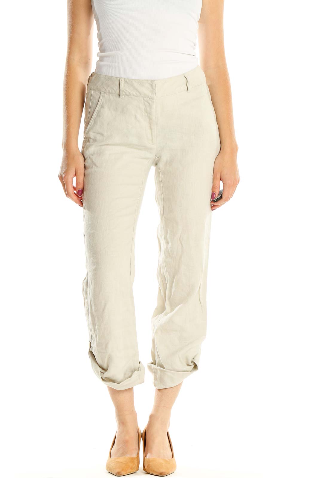 Beige Textured Casual Trousers Front
