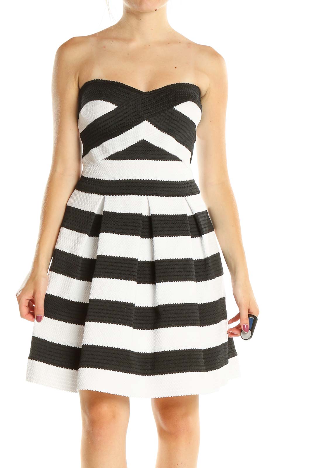 White Black Structured Striped Day Fit & Flare Dress Front