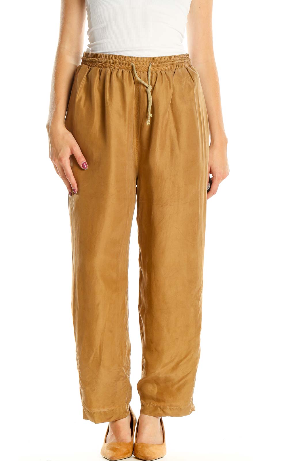 Brown Silk Drawstring Pants Front