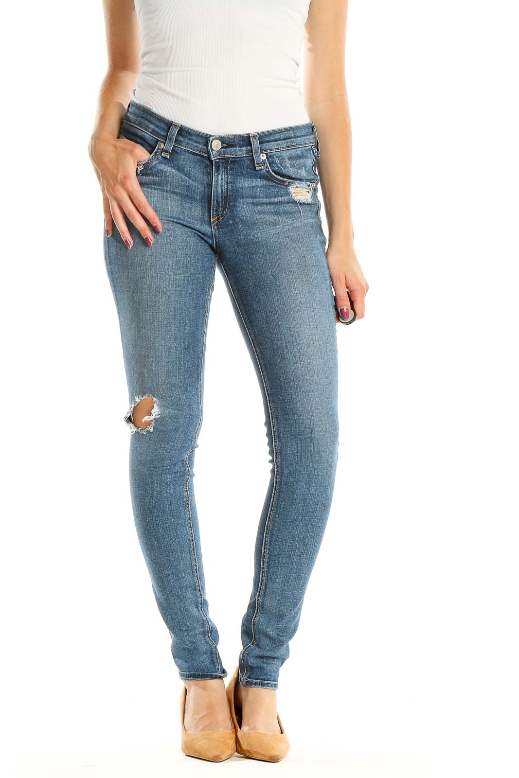 Blue Distressed Skinny Jeans Front