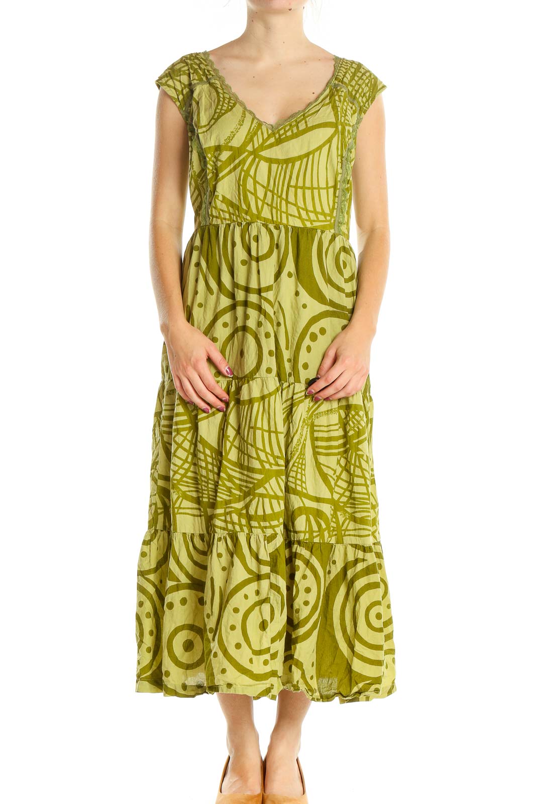 Green Graphic Print Bohemian Column Dress Front
