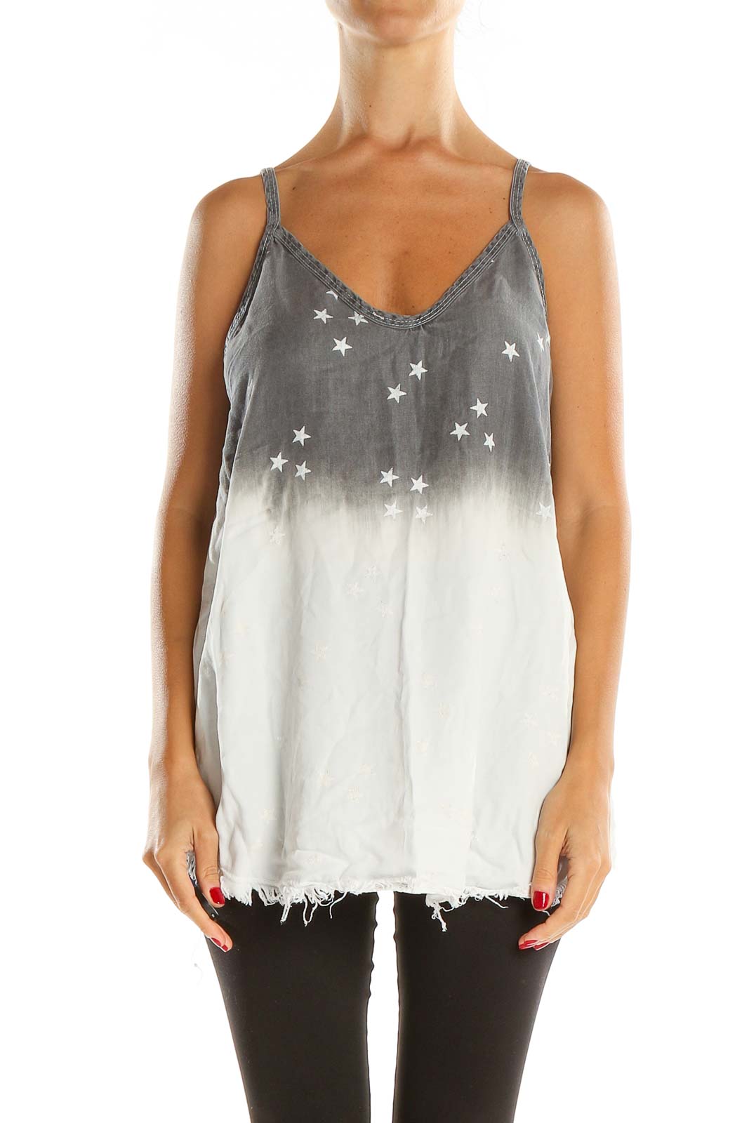 White Gray Star Print Tie And Dye Party Top Front