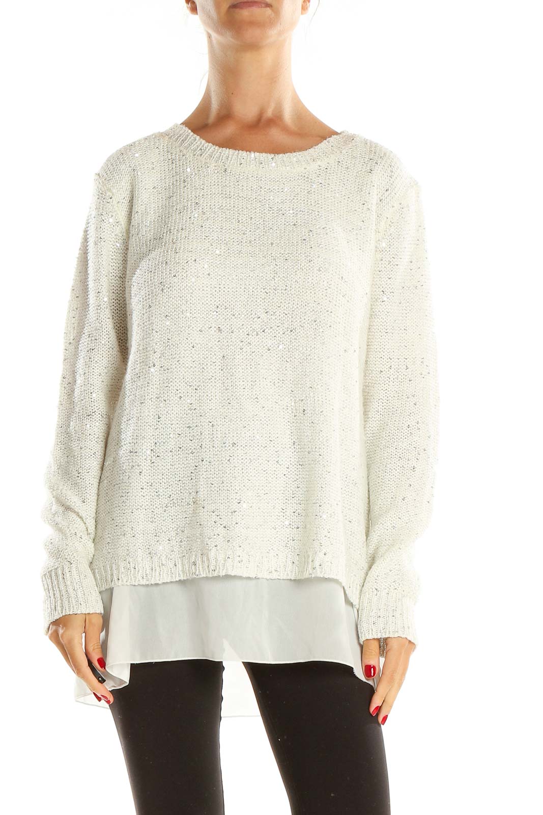 White Sequin Chic Sweater Front