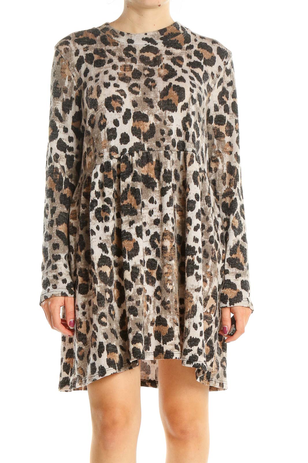 Beige Animal Print Long Sleeve Casual Dress Front