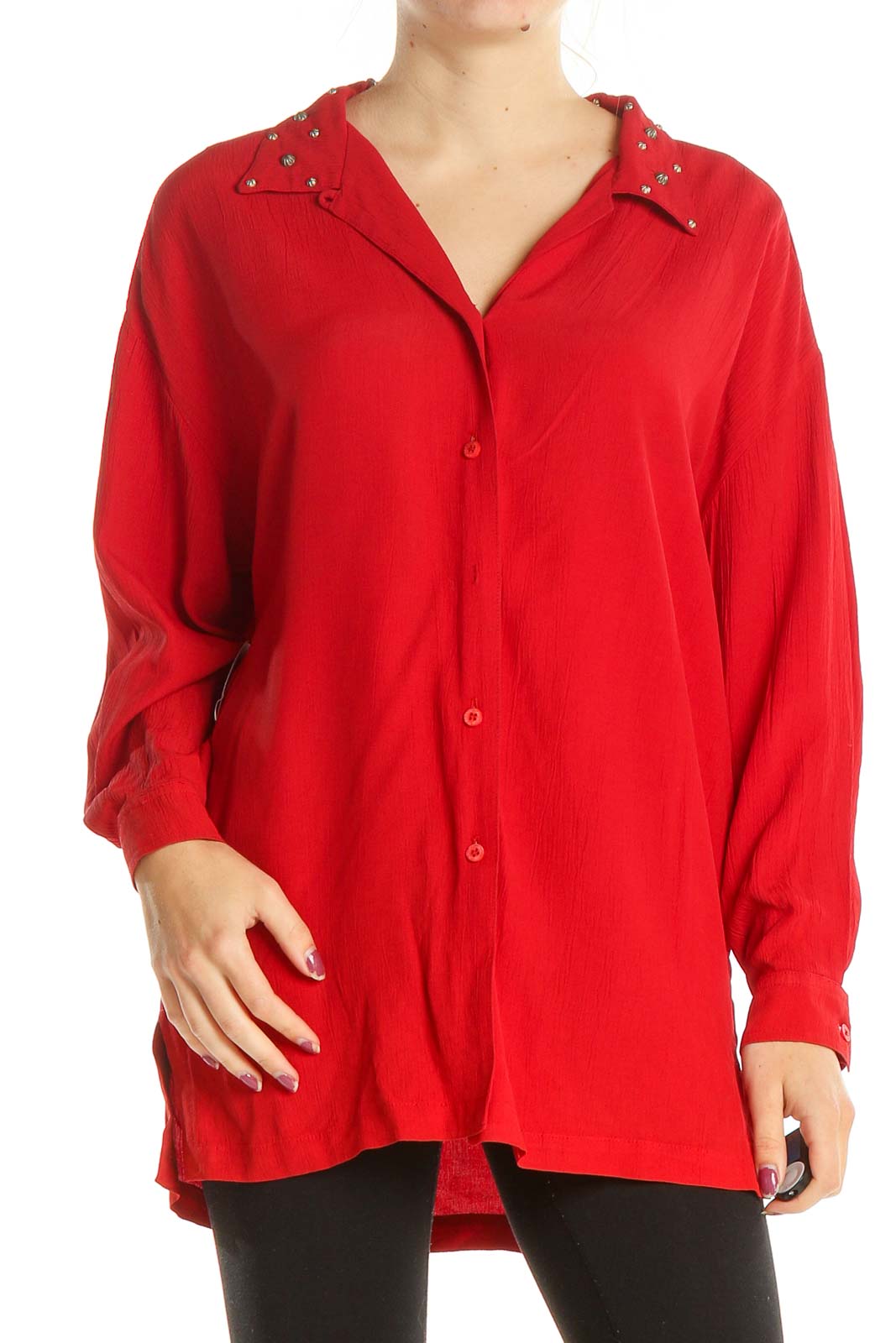 Red All Day Wear Blouse With Studded Collar Front