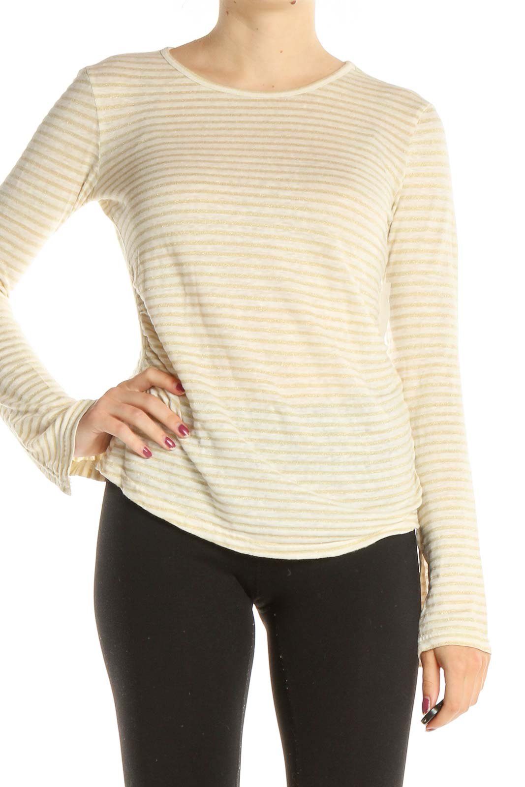 Beige Yellow Striped Casual Top Front