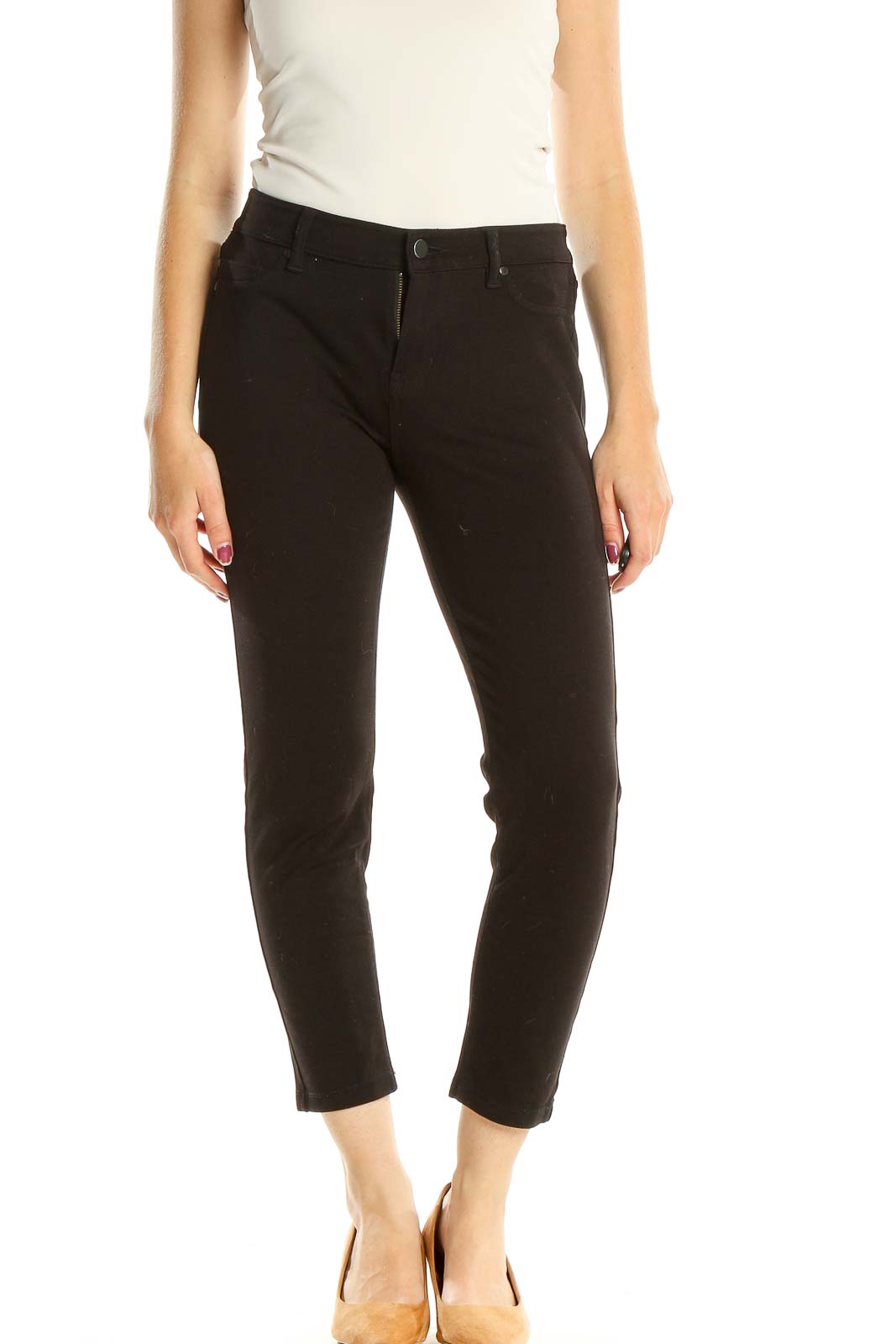 Black Solid Cropped Casual Pants Front