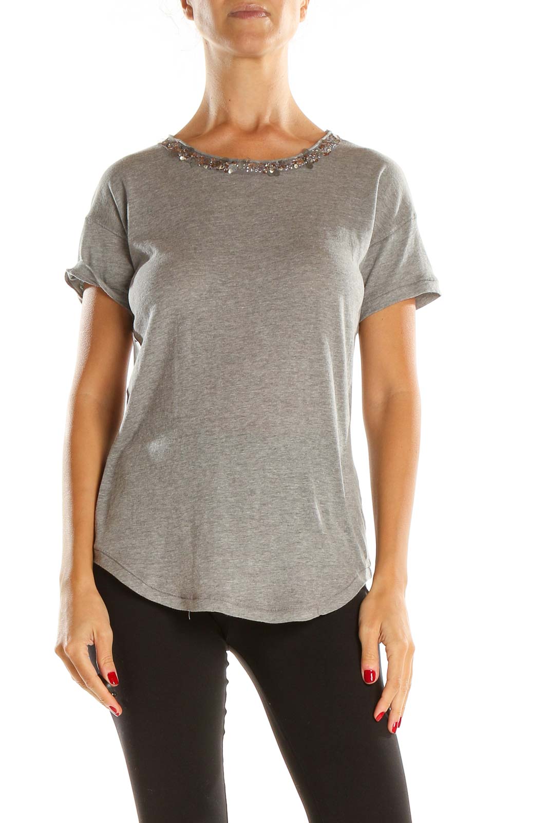 Gray Sequin Casual Top Front