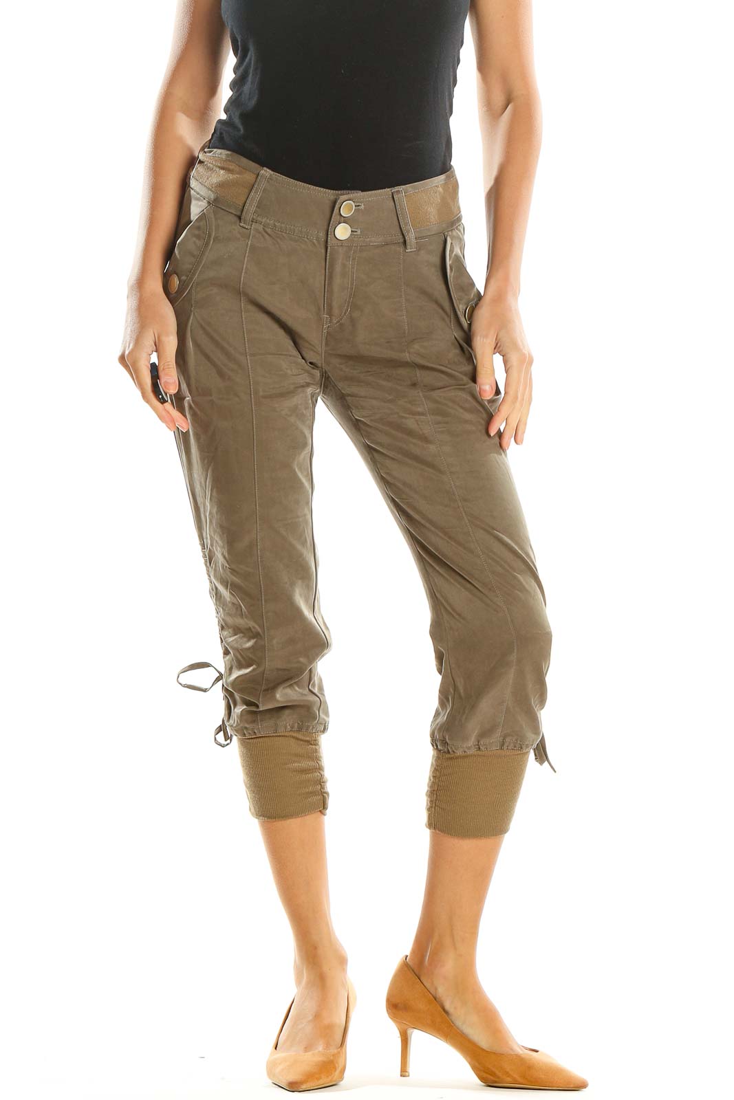 Brown Solid Cropped Cargo Pants Front