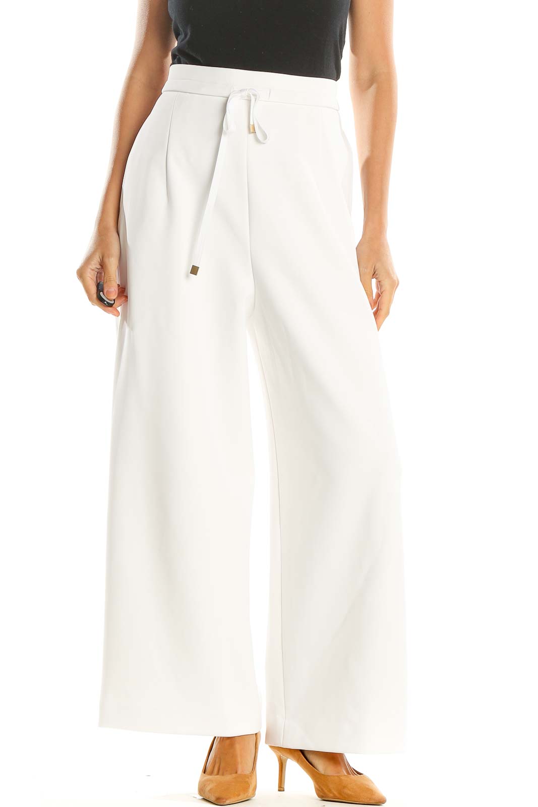 White Chic Wide Leg High Waisted Pants Front