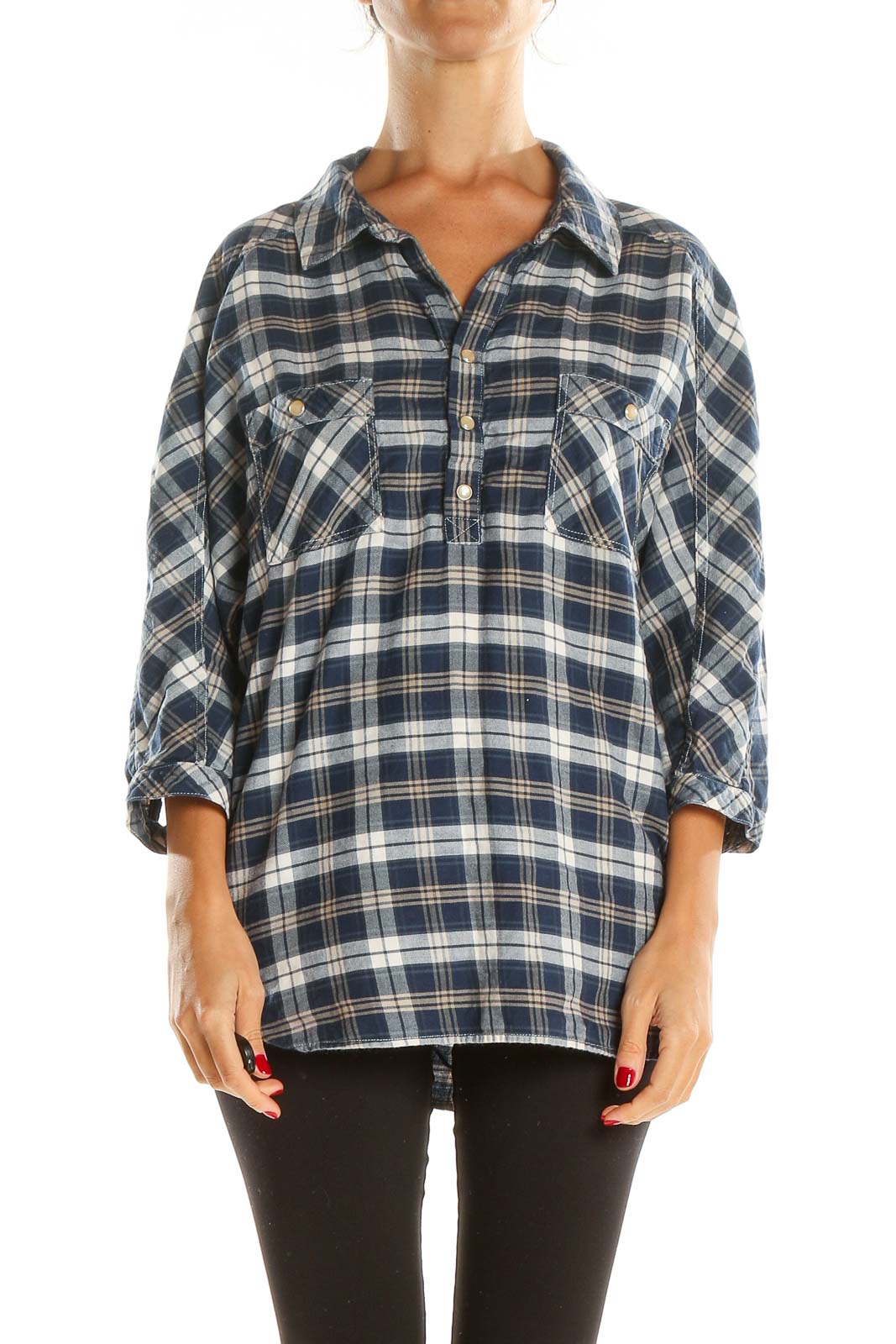 Blue Checkered All Day Wear Flannel Top Front