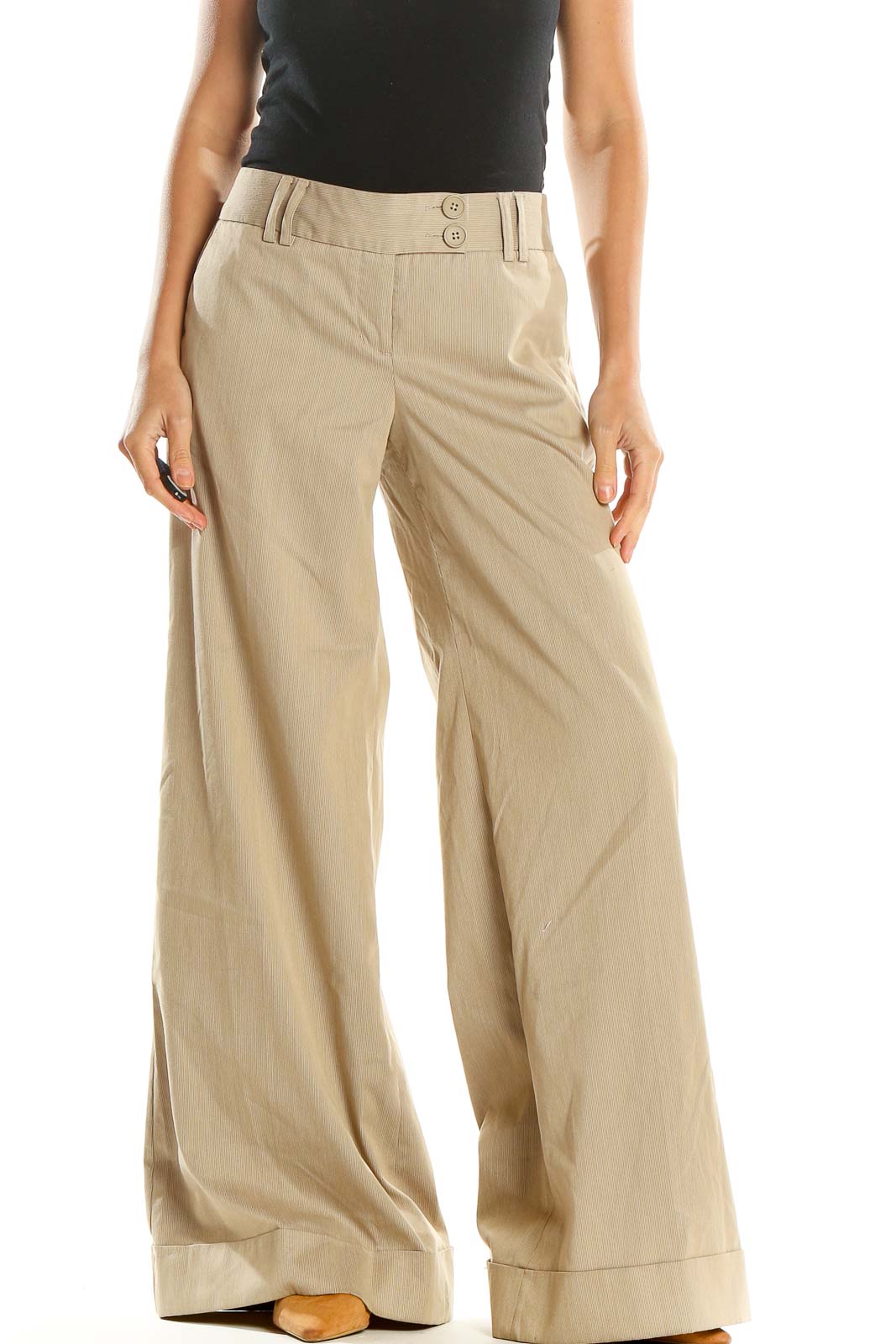 Beige Solid Classic Wide Leg Trousers Front