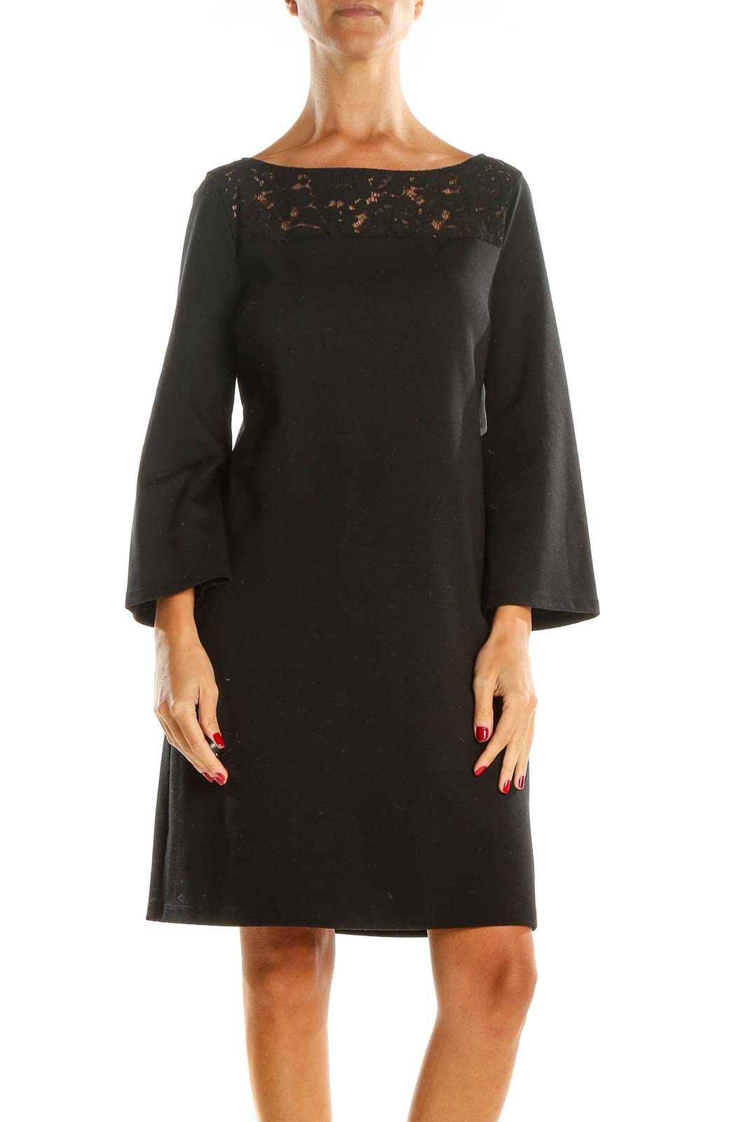 Black Classic A-Line Dress With Lace Neckline Front