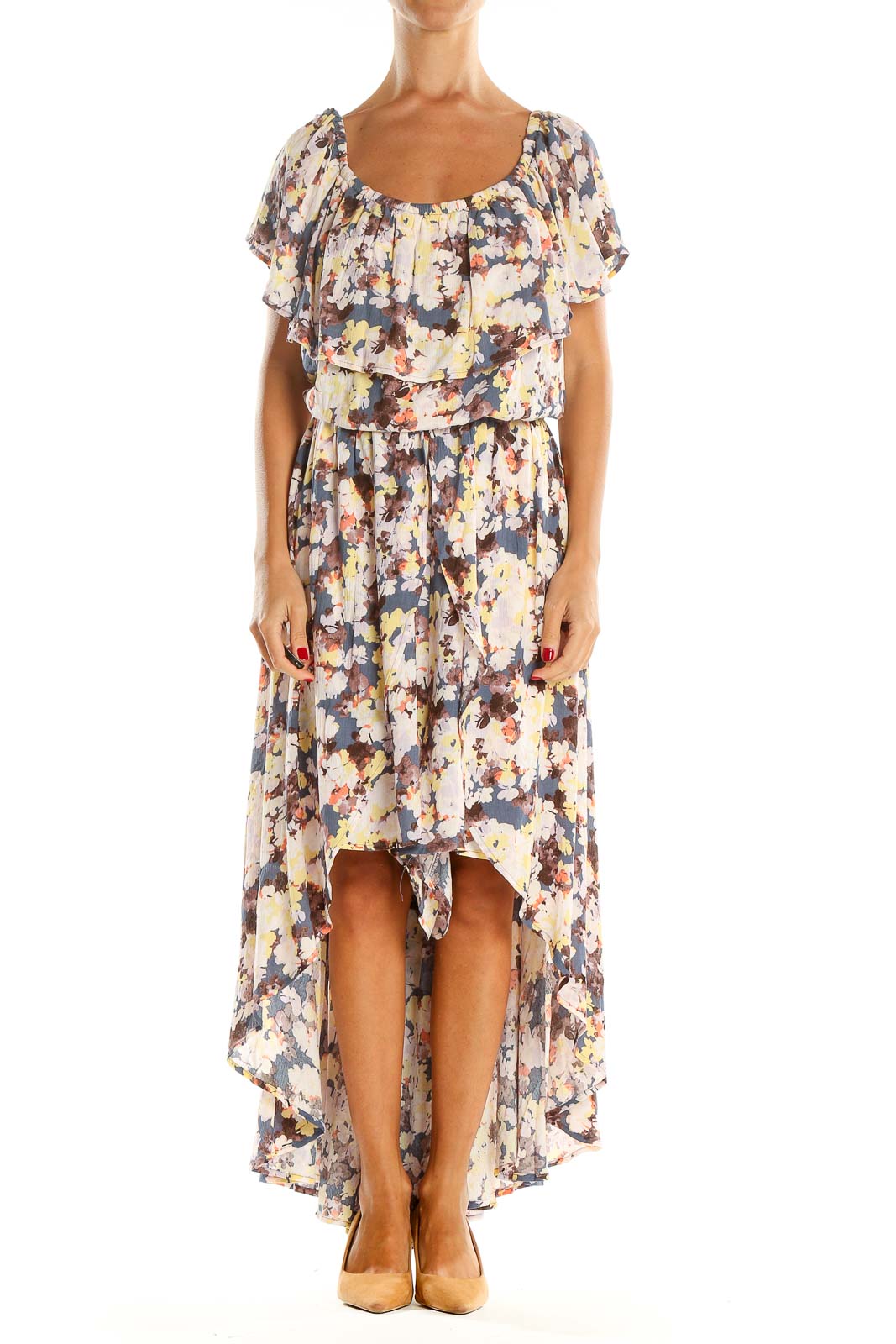 Multicolor Printed Day High-Low Dress Front