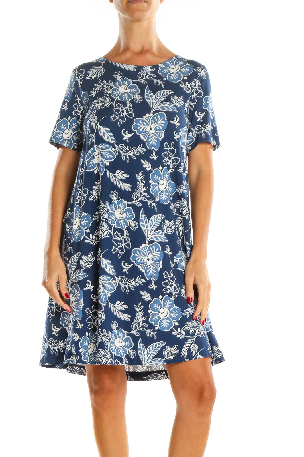 Blue Tropical Print Shift Dress Front