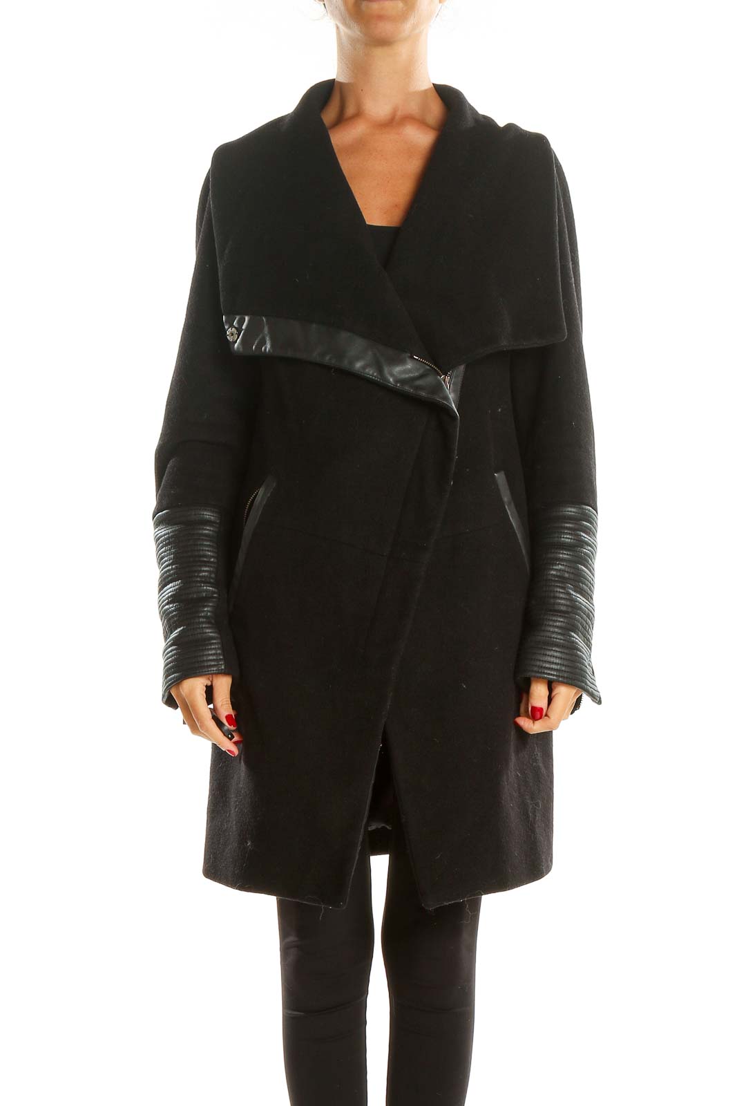 Black Coat with Pleather Detailing Front
