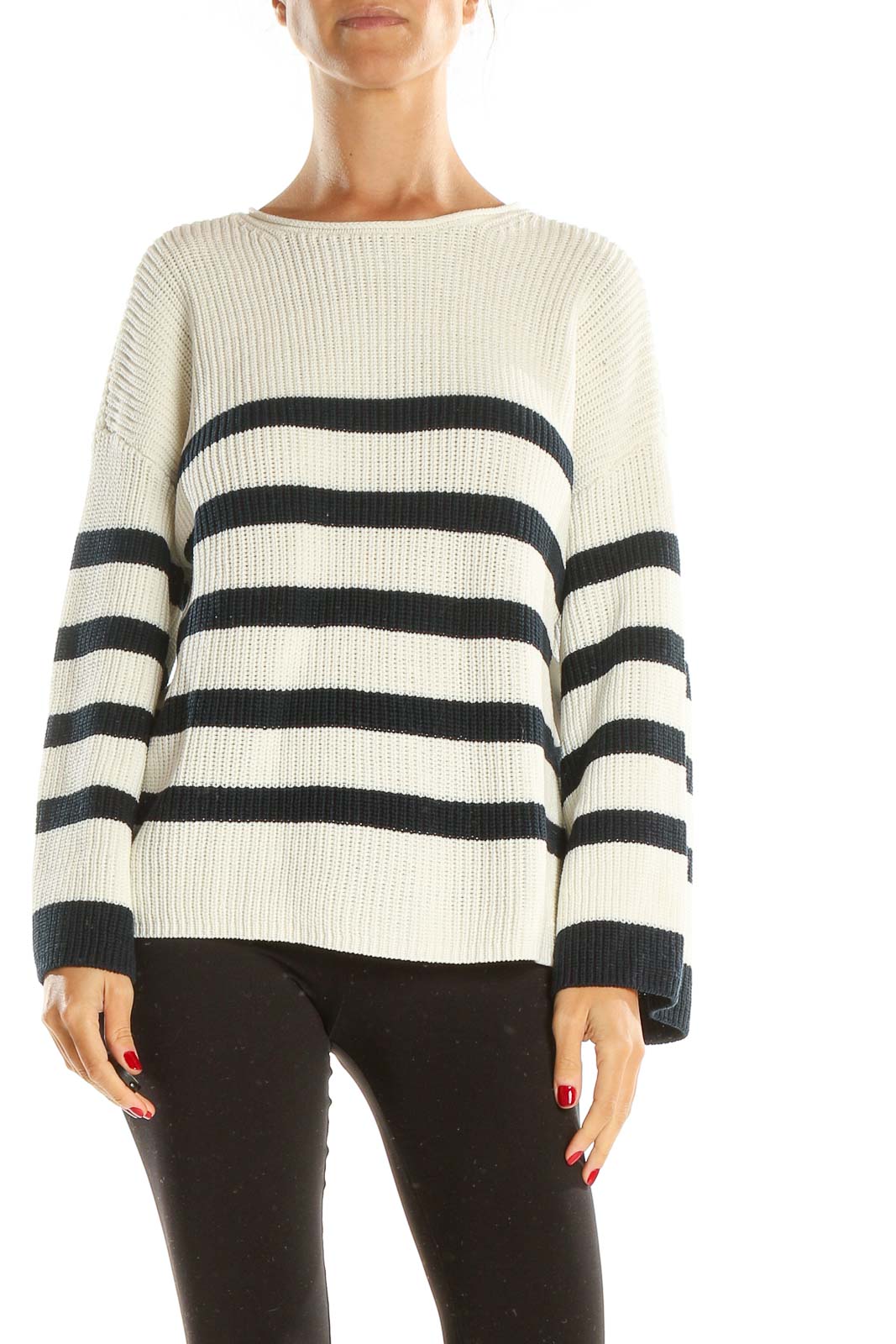 White Black Striped Casual Sweater Front
