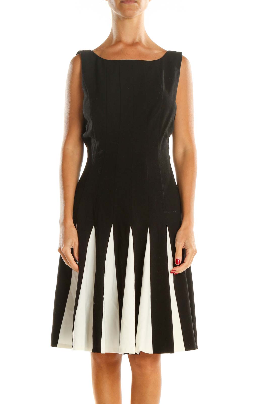 Black White Pleated Work Fit & Flare Dress Front