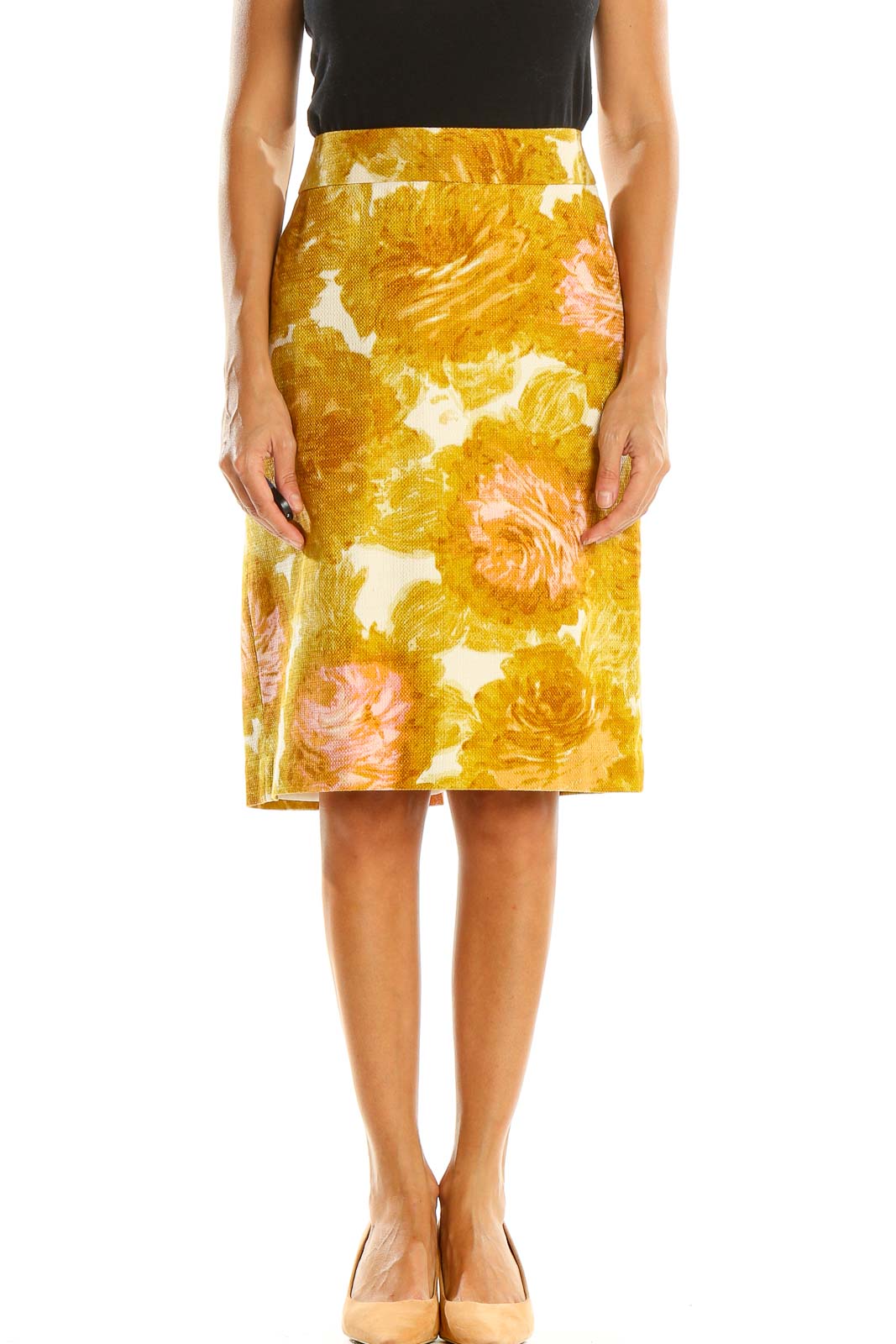 Yellow Floral Print Retro Pencil Skirt Front