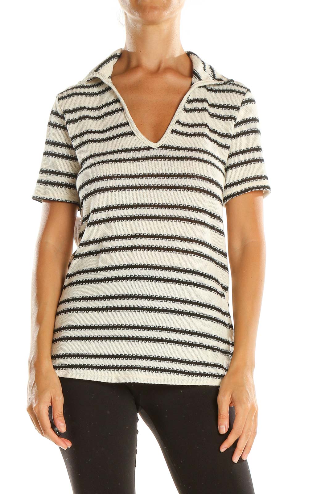 White Black Striped Casual Top Front