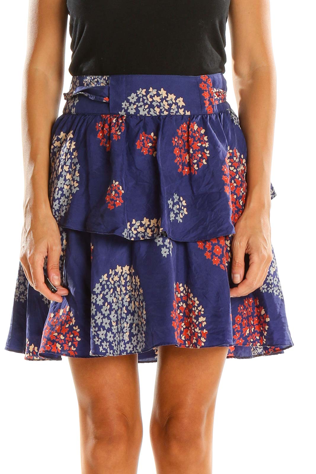 Blue Floral Print Ruffle Silk A-Line Skirt Front