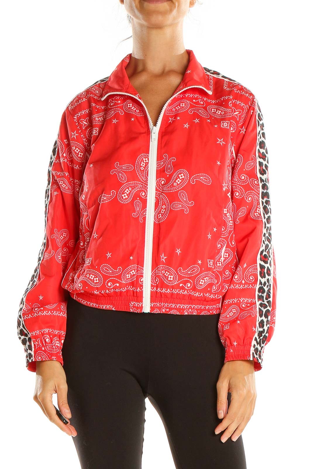 Red Printed Bomber Jacket Front