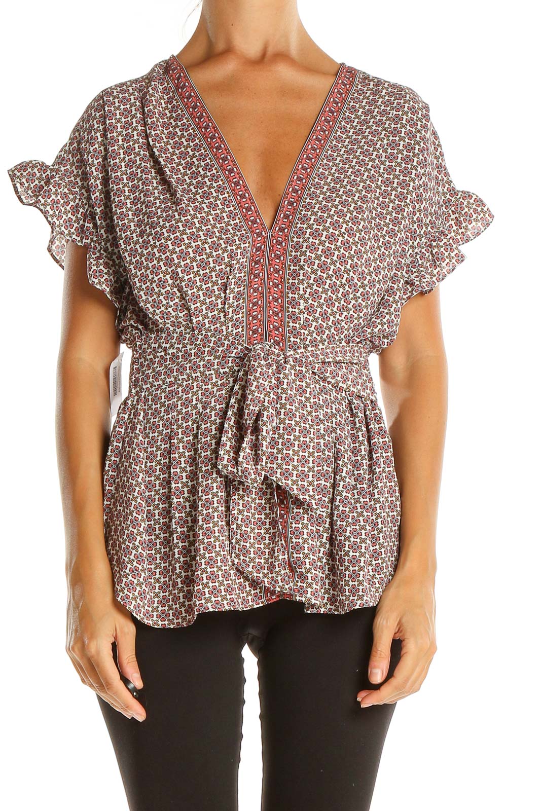 Red Printed Chic Wrap Blouse Front