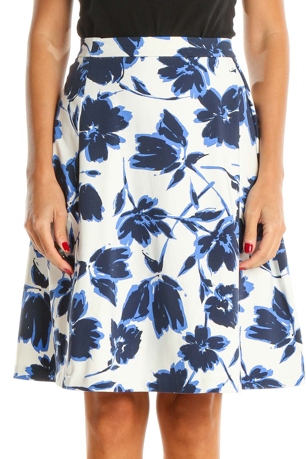 White Blue Floral Print Chic A-Line Skirt Front