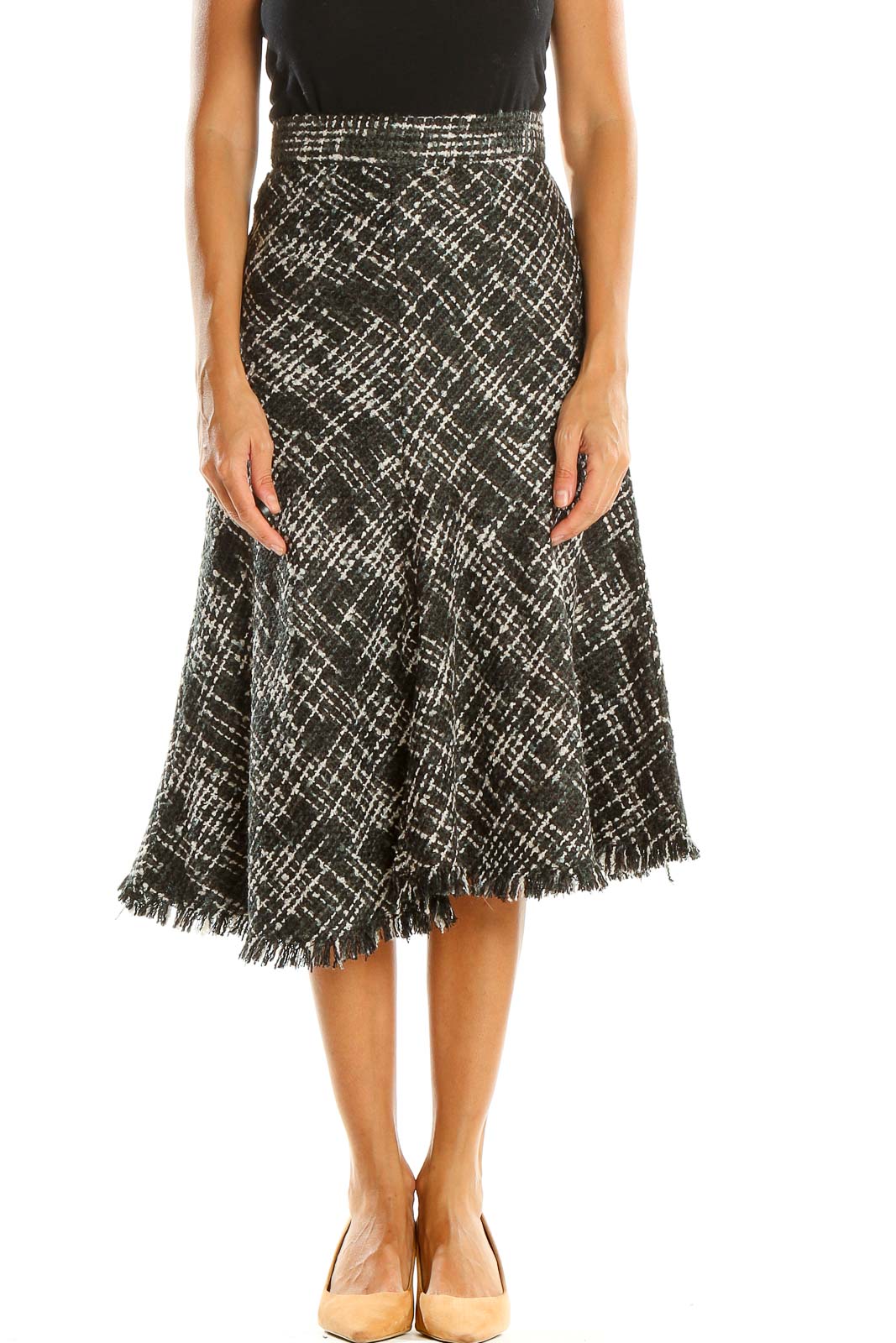 Black Woven Checkered Casual A-Line Skirt Front