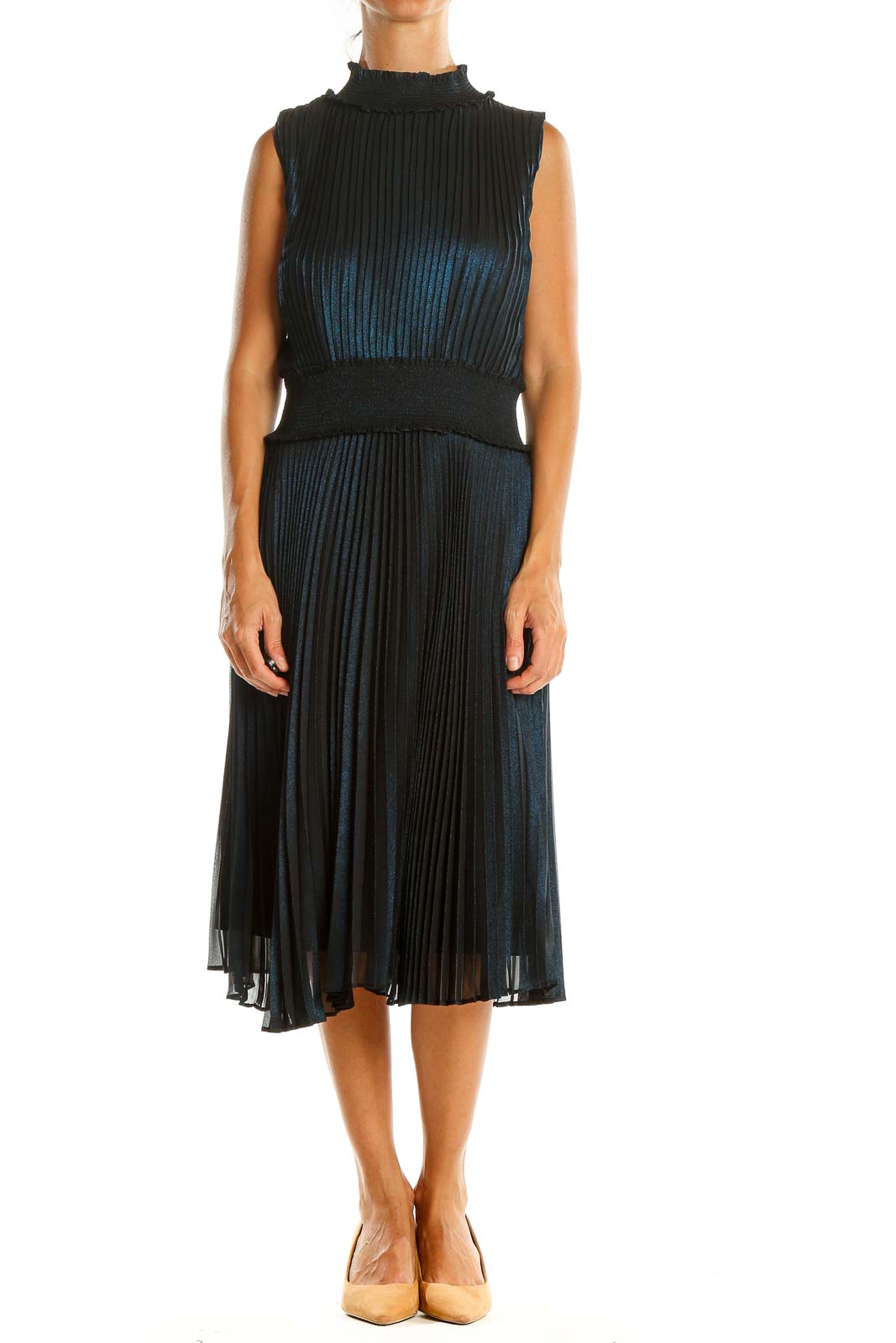 Blue Pleated Classic Fit & Flare Dress Front