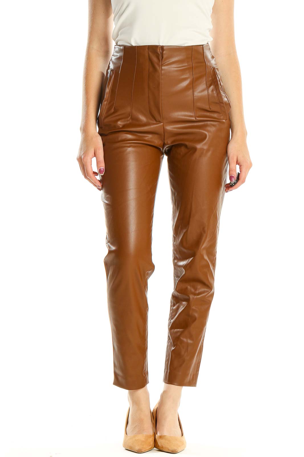 Brown Pleather High Waist Pants Front