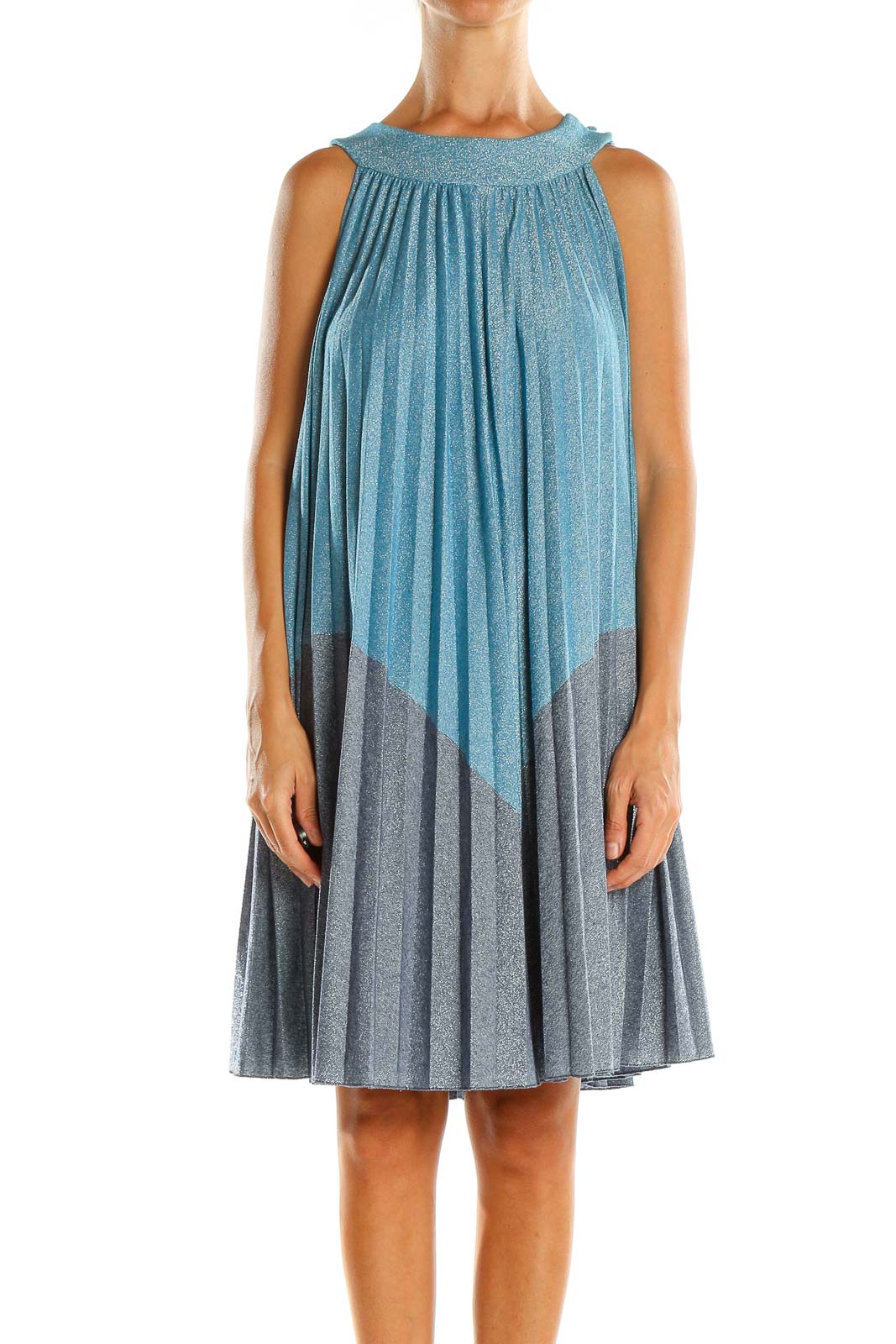 Blue Holiday Shimmery Pleated Fit & Flare Dress Front