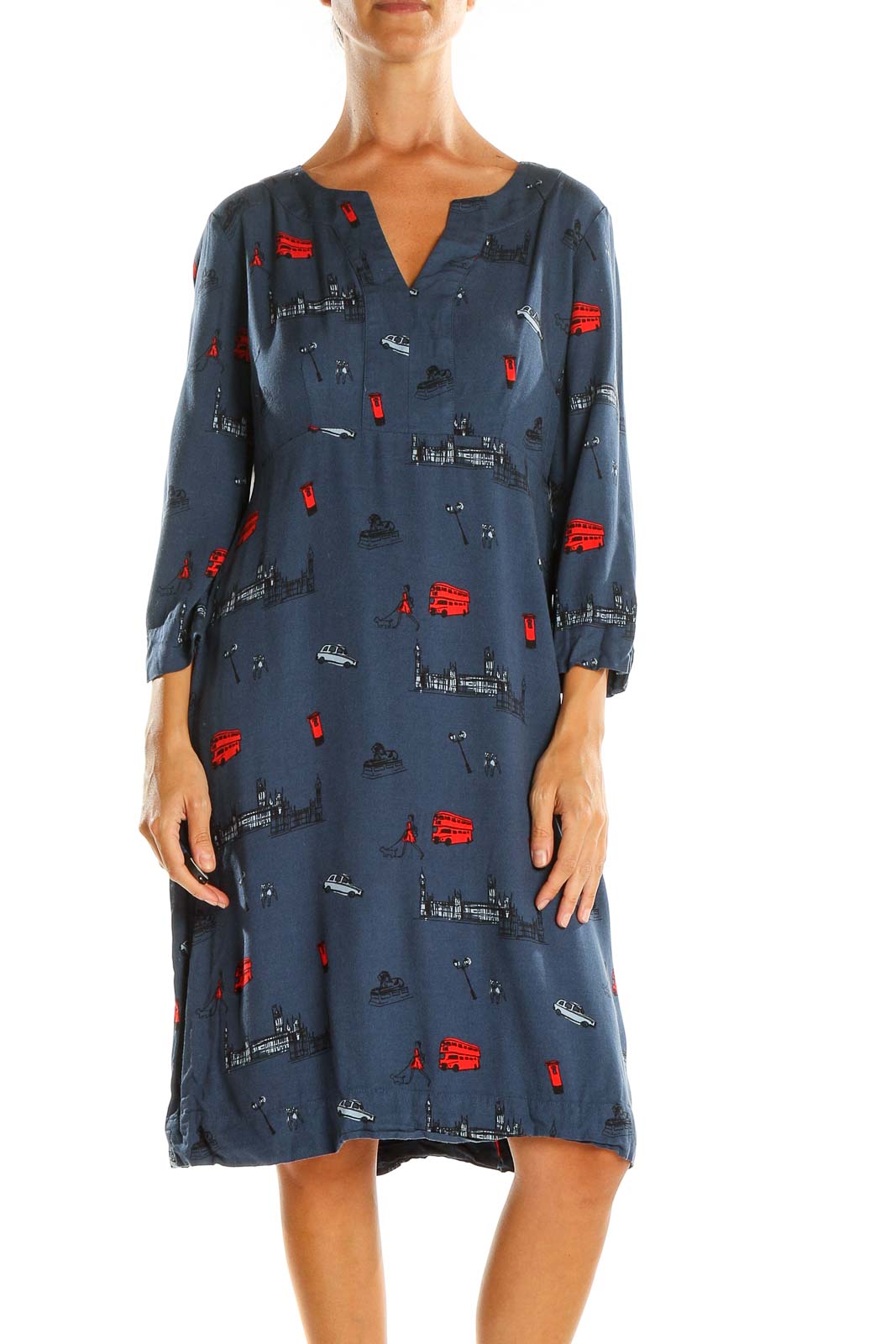 Blue Printed Day Dress Front