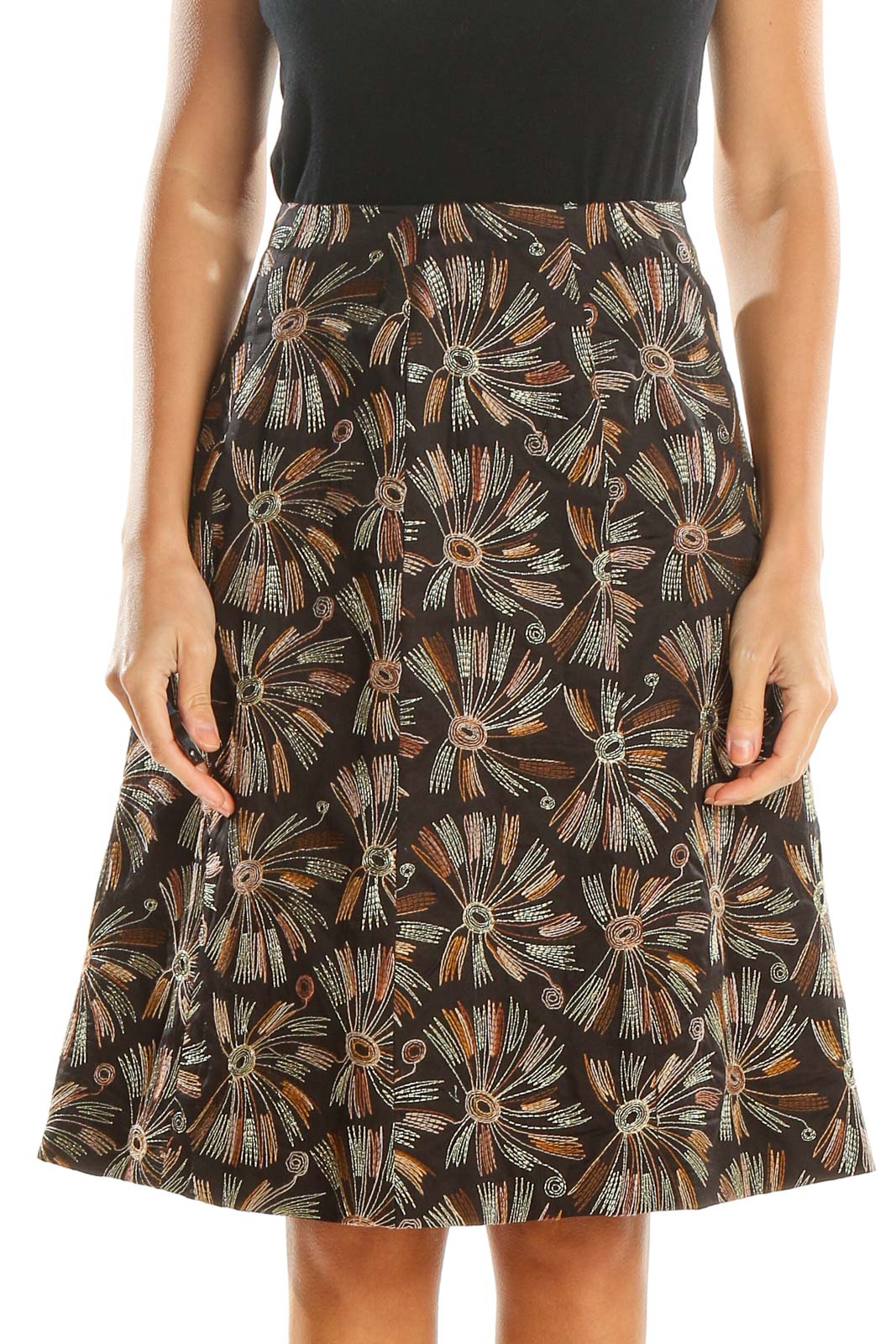 Brown Embroidered Retro A-Line Skirt Front