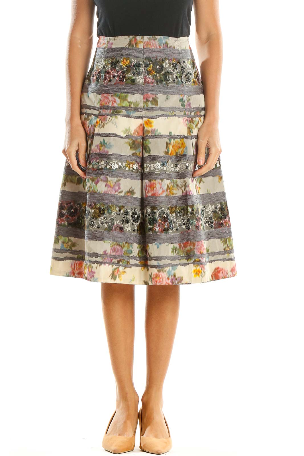 Multicolor Floral Print Flared Skirt Front