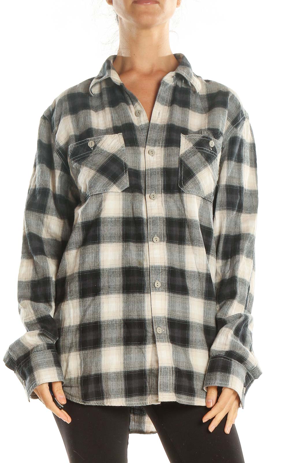 Beige Blue Casual Flannel Front