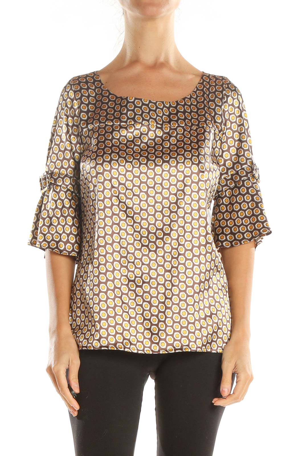 Brown Printed Retro Blouse Front