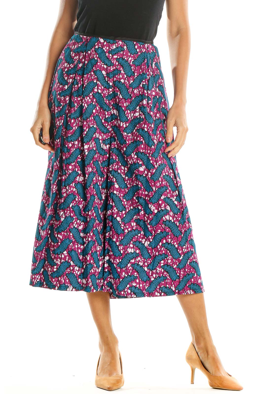 Blue Pink Printed Bohemian Flared Skirt Front