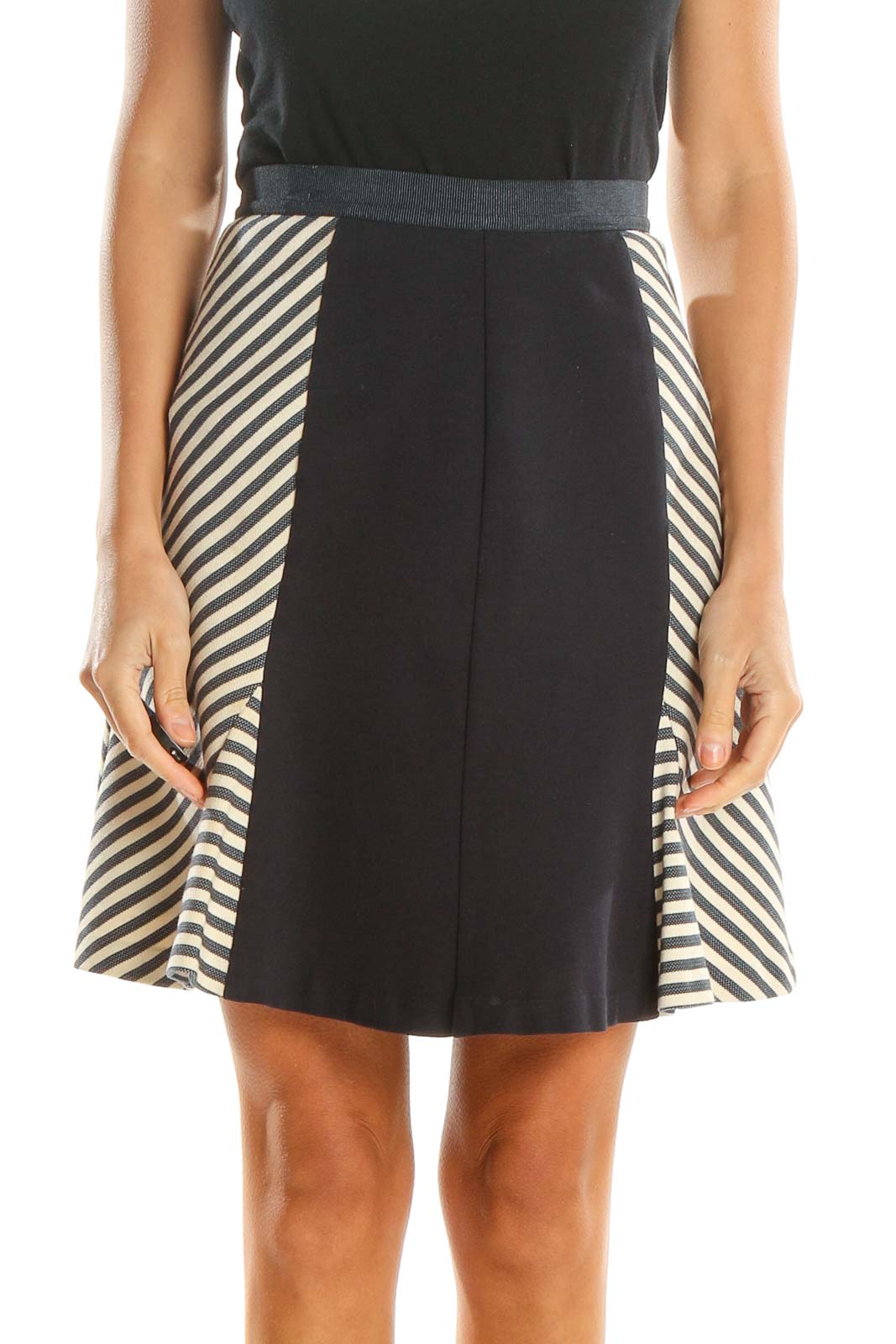 Blue Cream Colorblock Striped Retro A-Line Skirt Front