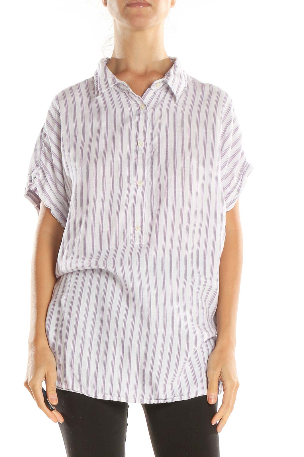 White Purple Striped Casual Top Front