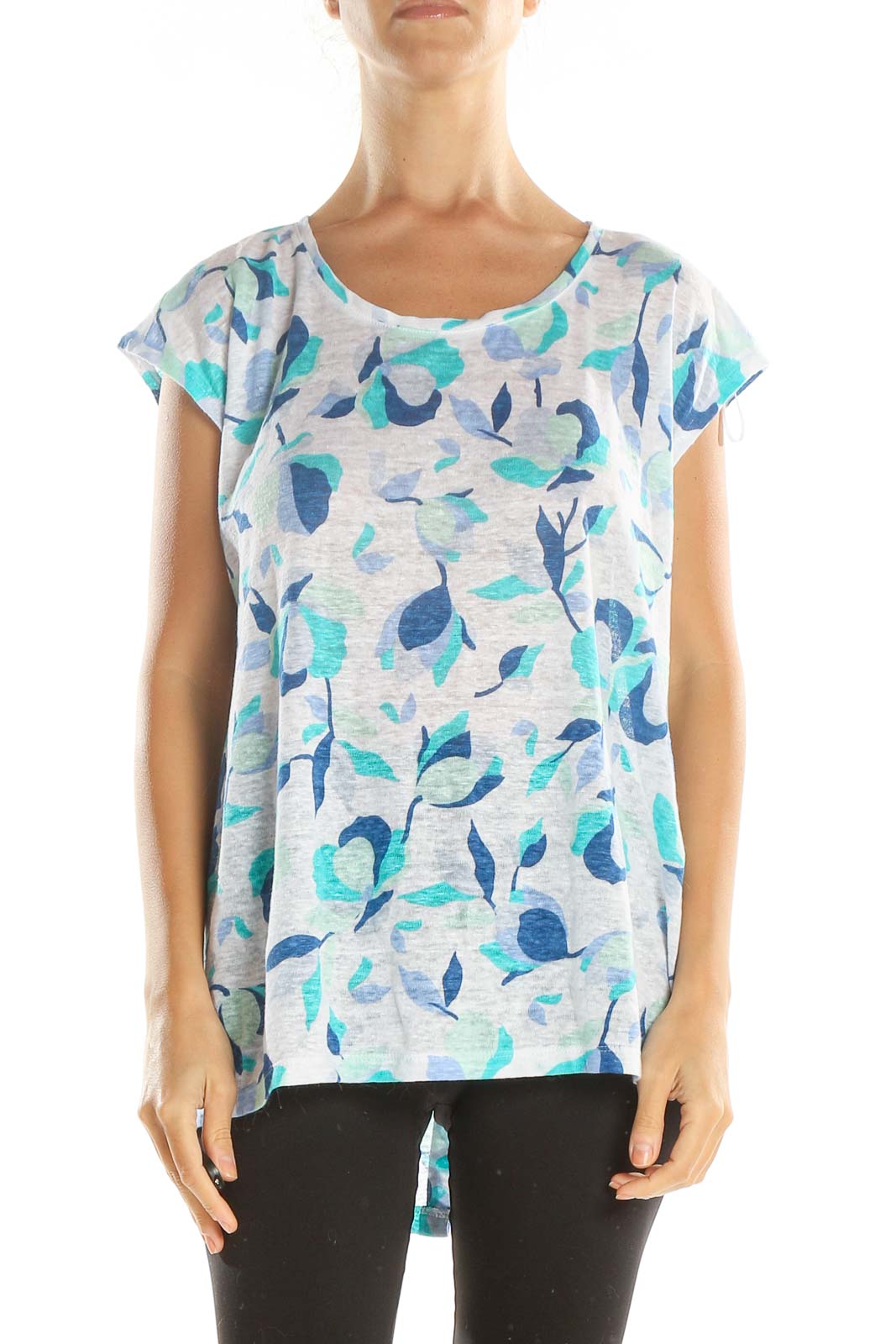 Blue White Floral Print All Day Wear Linen T-Shirt Front