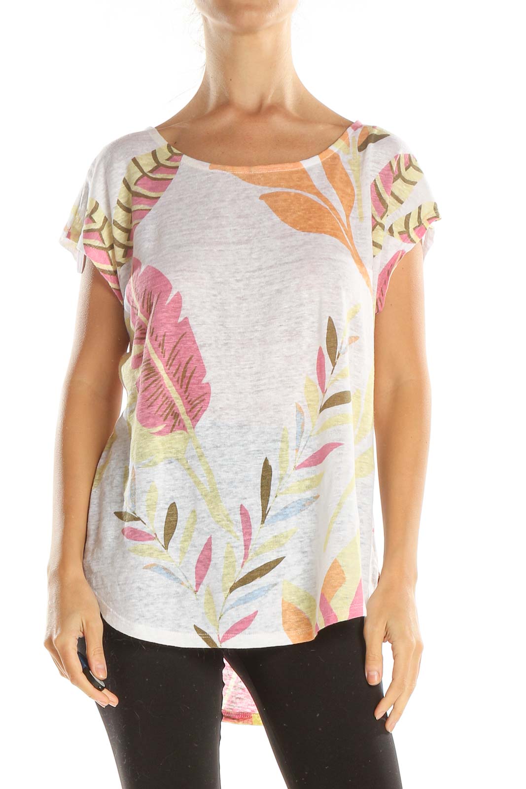 White Tropical Print Casual T-Shirt Front