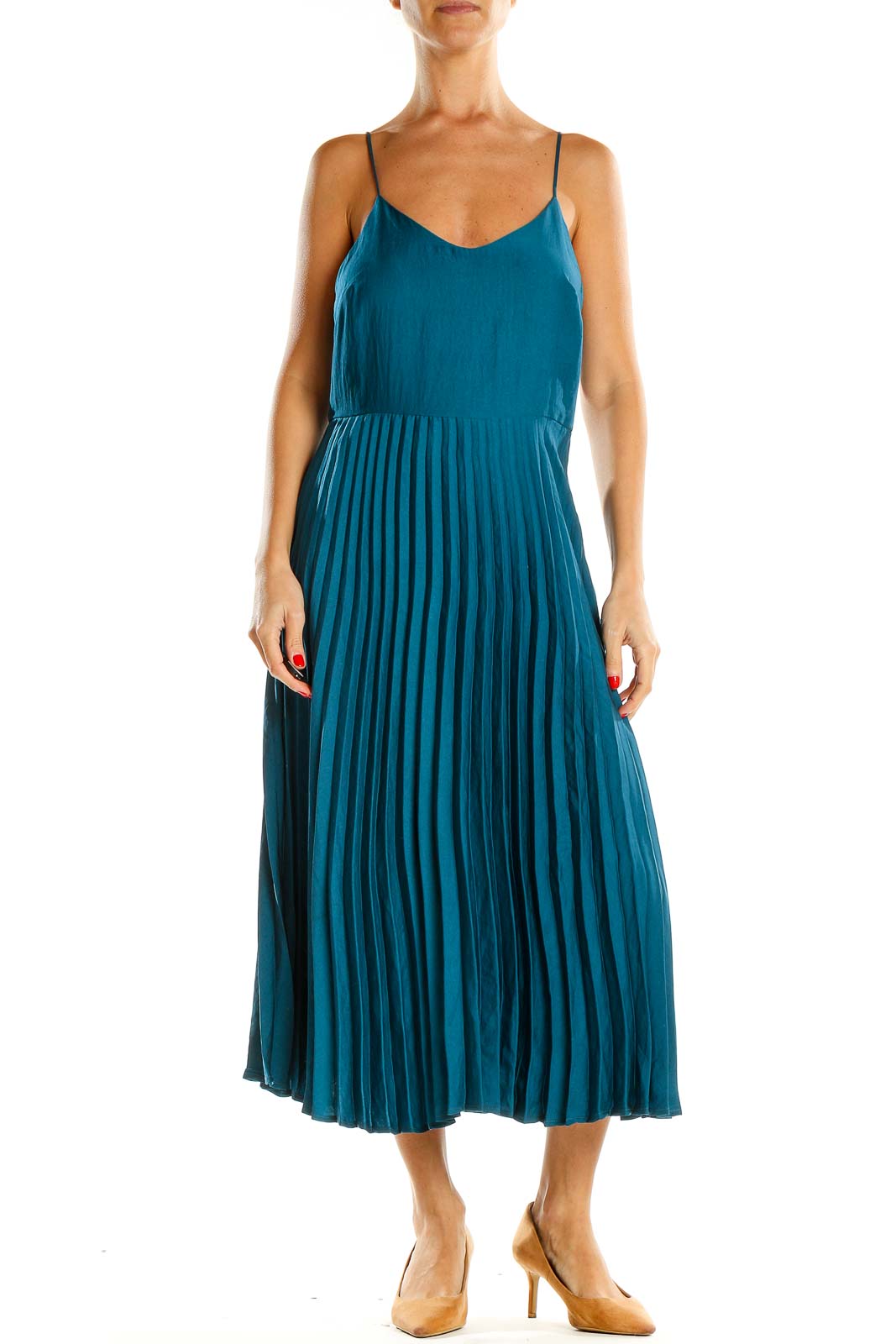 Blue Pleated Fit & Flare Dress Front