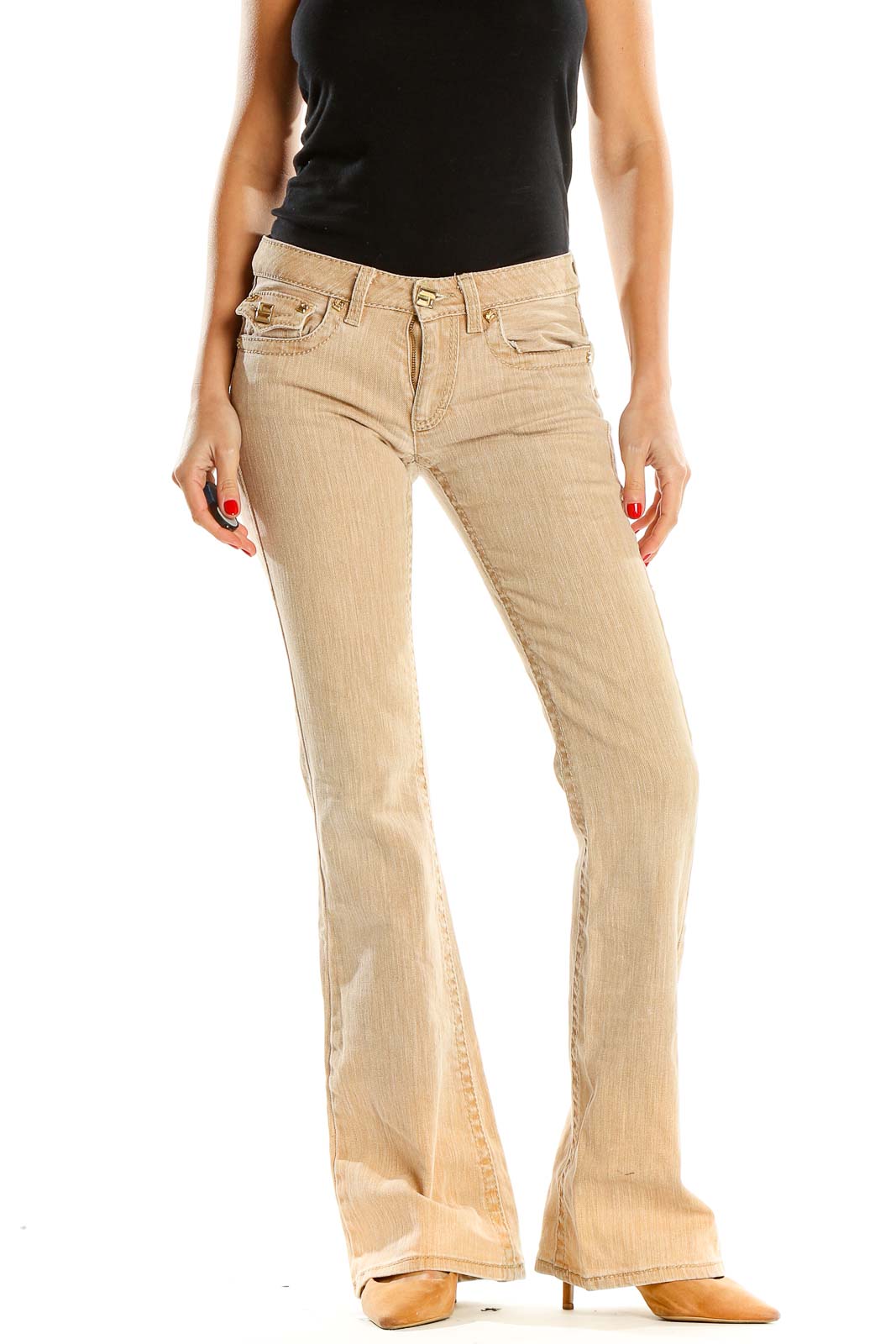Beige Low Waisted Wide Leg Jeans Front