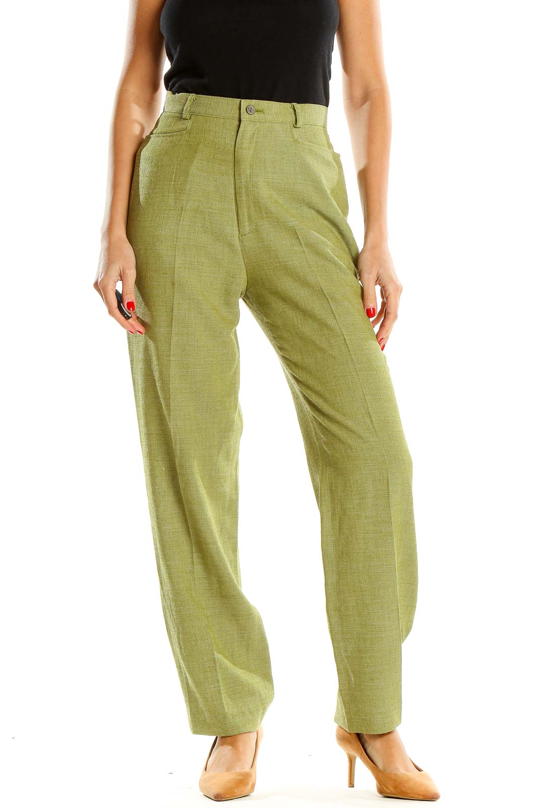 Green Textured Classic Trousers Front