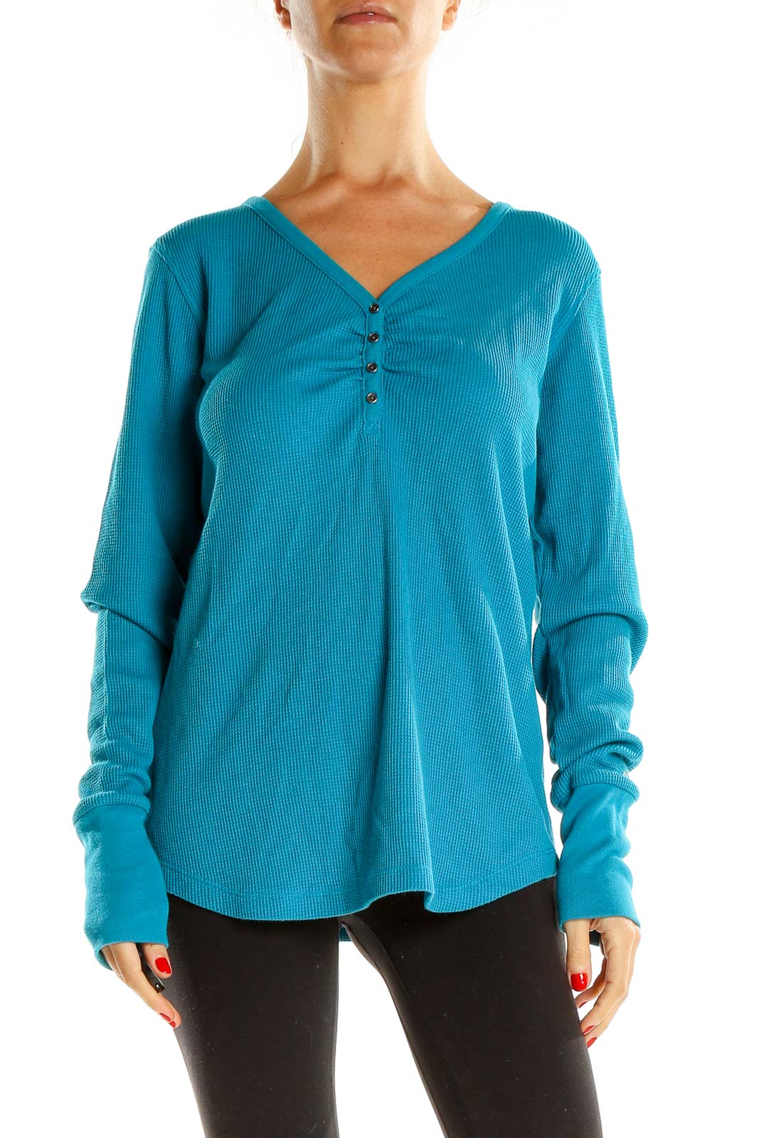 Blue Waffle Textured Henley Top Front