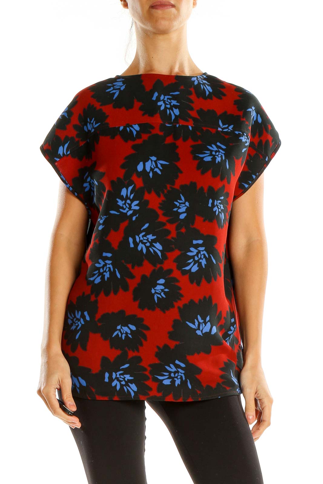 Red Blue Floral Print Chic Top Front